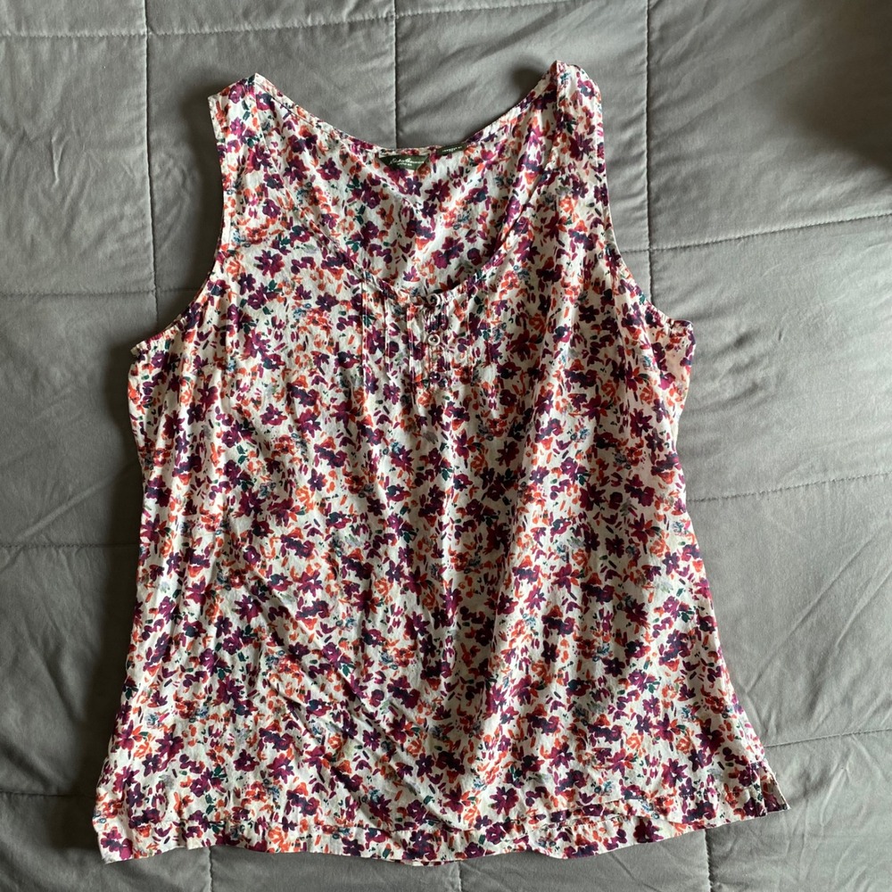 Eddie Bauer Large White Floral Tank Top Cotton Lightweight Spring Summer Buttons - Picture 2 of 10